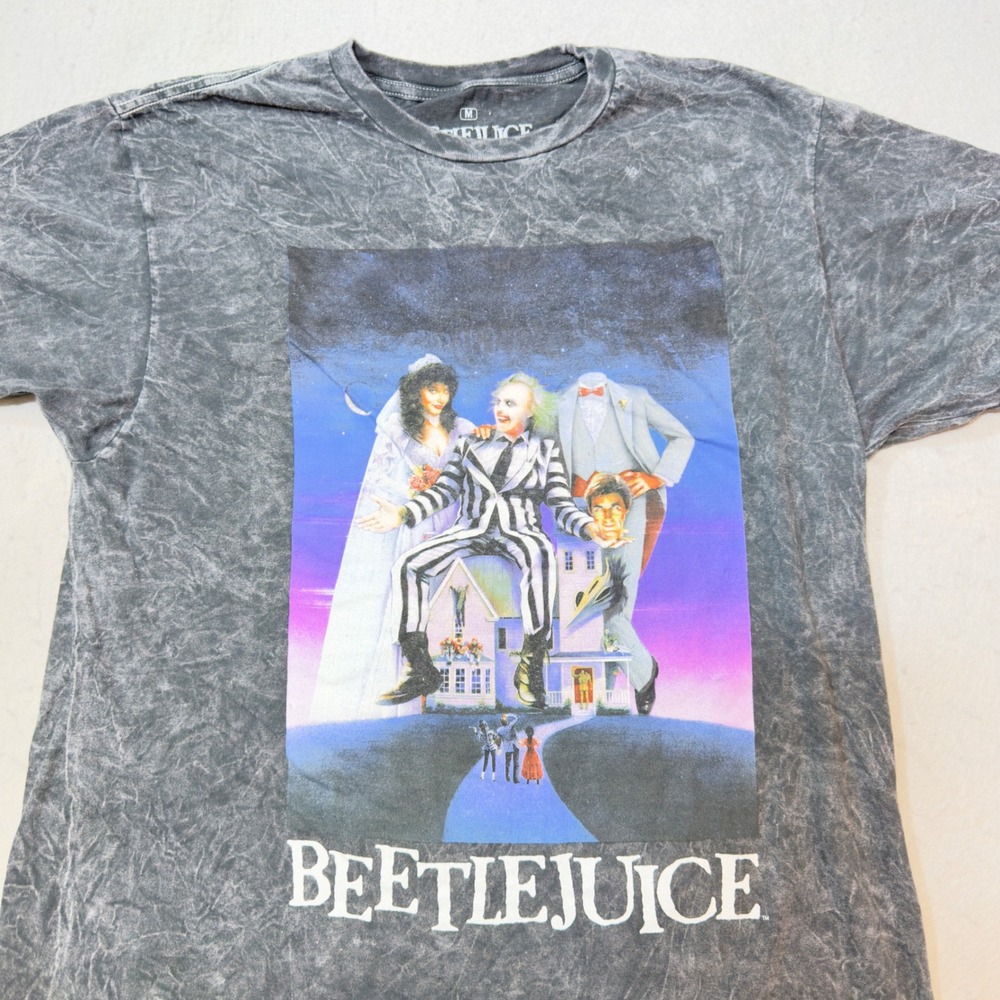 Beetlejuice Graphic T-Shirt Men Medium Grey Excellent Acid Wash Movie Poster Tee